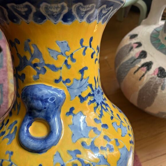 Vintage Artistic Yellow and Blue Asian Floral Vase 19" tall - Picture 10 of 12